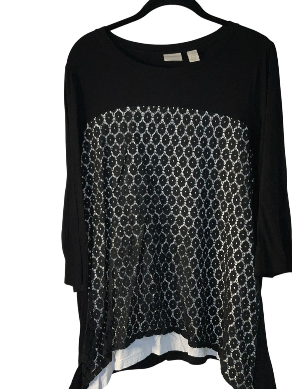 Chico's Black Patterned Layered Tunic with Cream Underlay